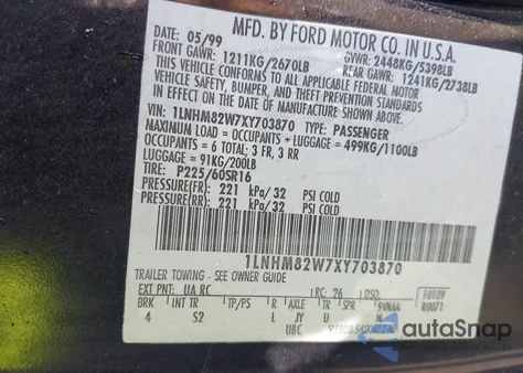 1999 Lincoln Town Car Signature z USA, uszkodzony, nr VIN 1LNHM82W7XY703870